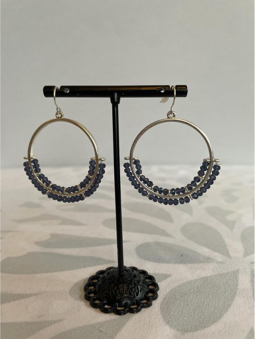 Marlyn Schiff Silver Tone Blue Faceted Bead Hoop Earrings Boho Y2K Artisan Artsy